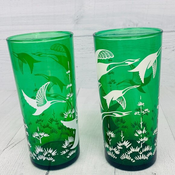 MCM Anchor Hocking CANADIAN GEESE Ducks Frost Green 14oz Tumbler Glasses Set 2 - Picture 3 of 7